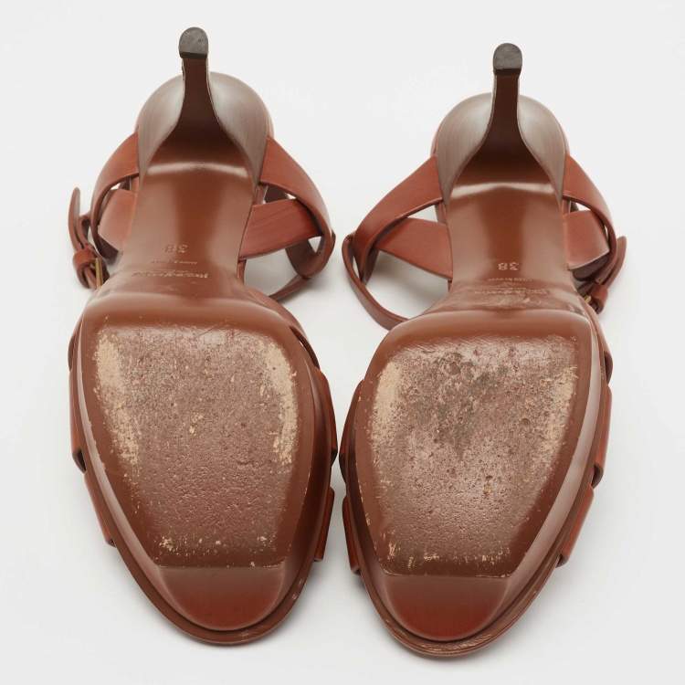 Pre Owned Yves Saint Laurent Brown Leather Tribute Sandals Size 38