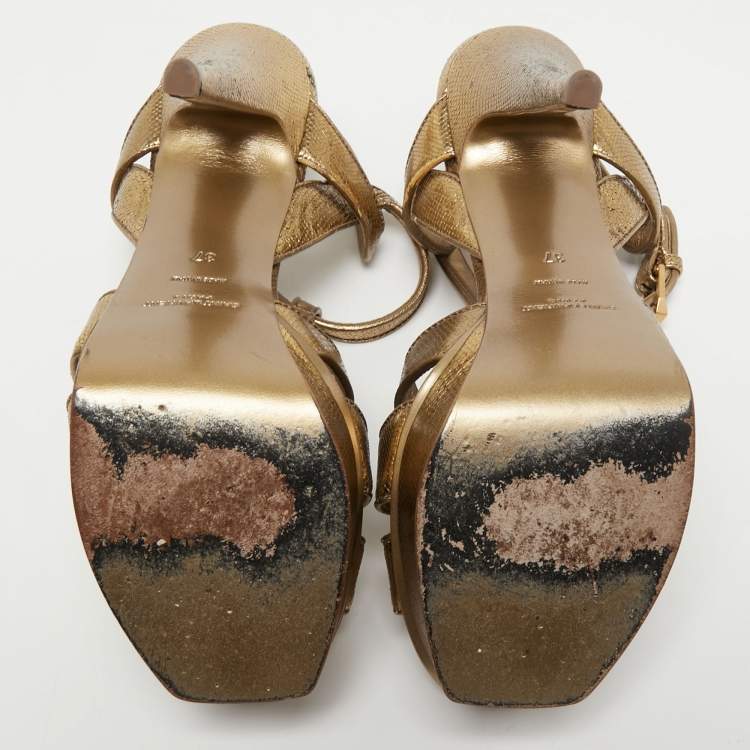 Pre Owned Yves Saint Laurent Gold Leather Tribute Sandals Size 37