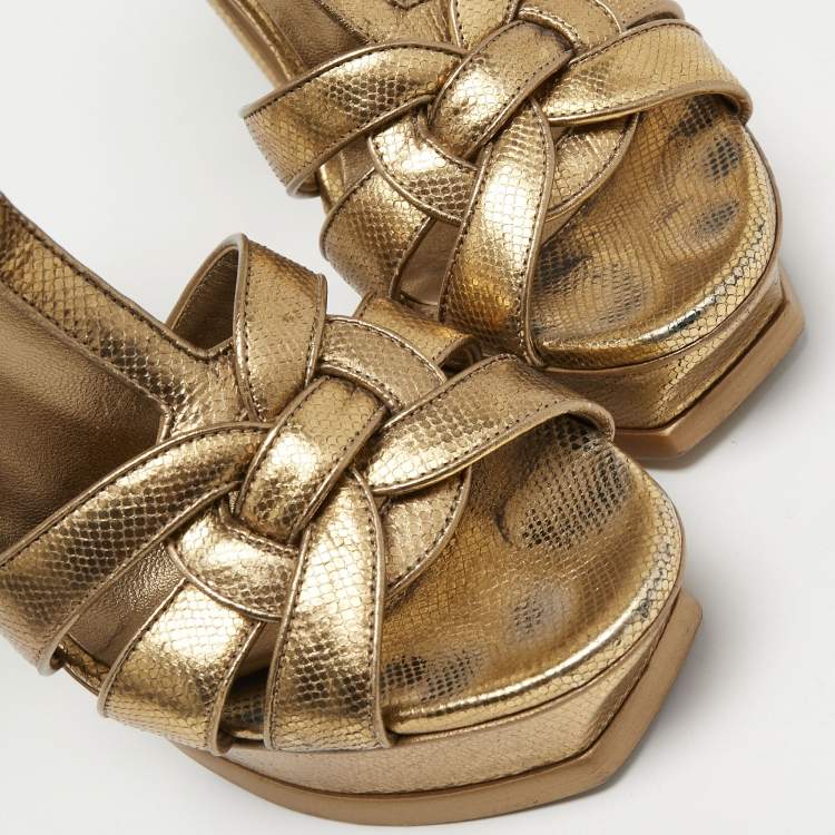 Pre Owned Yves Saint Laurent Gold Leather Tribute Sandals Size 37