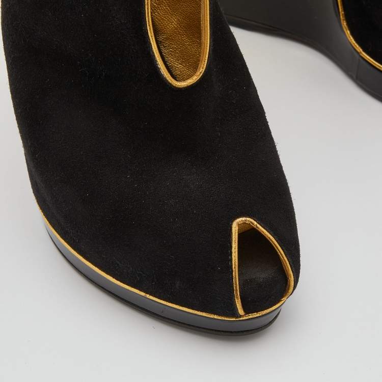 Pre Owned Yves Saint Laurent Black/Gold Cut-Out Suede Peep Toe Platform Wedge Pumps Size 36
