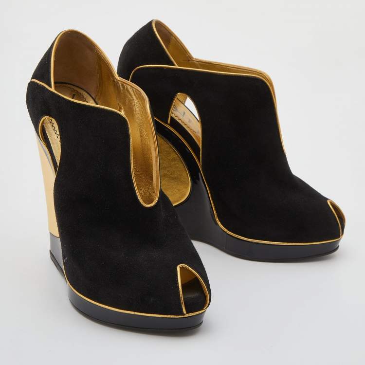 Pre Owned Yves Saint Laurent Black/Gold Cut-Out Suede Peep Toe Platform Wedge Pumps Size 36