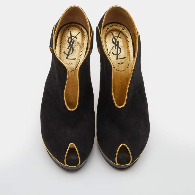 Pre Owned Yves Saint Laurent Black/Gold Cut-Out Suede Peep Toe Platform Wedge Pumps Size 36