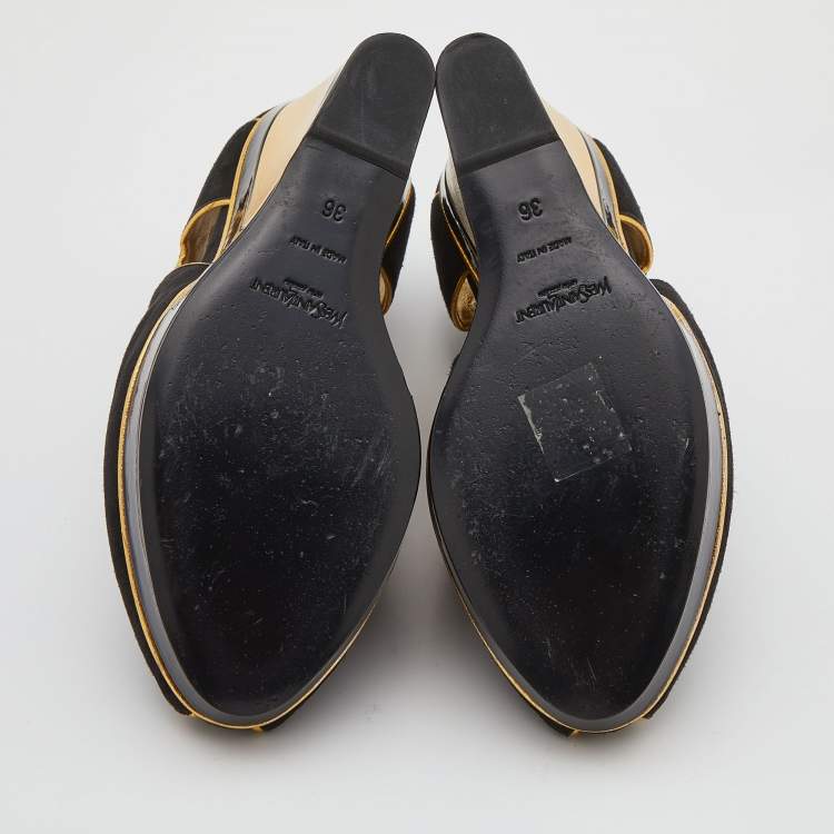 Pre Owned Yves Saint Laurent Black/Gold Cut-Out Suede Peep Toe Platform Wedge Pumps Size 36