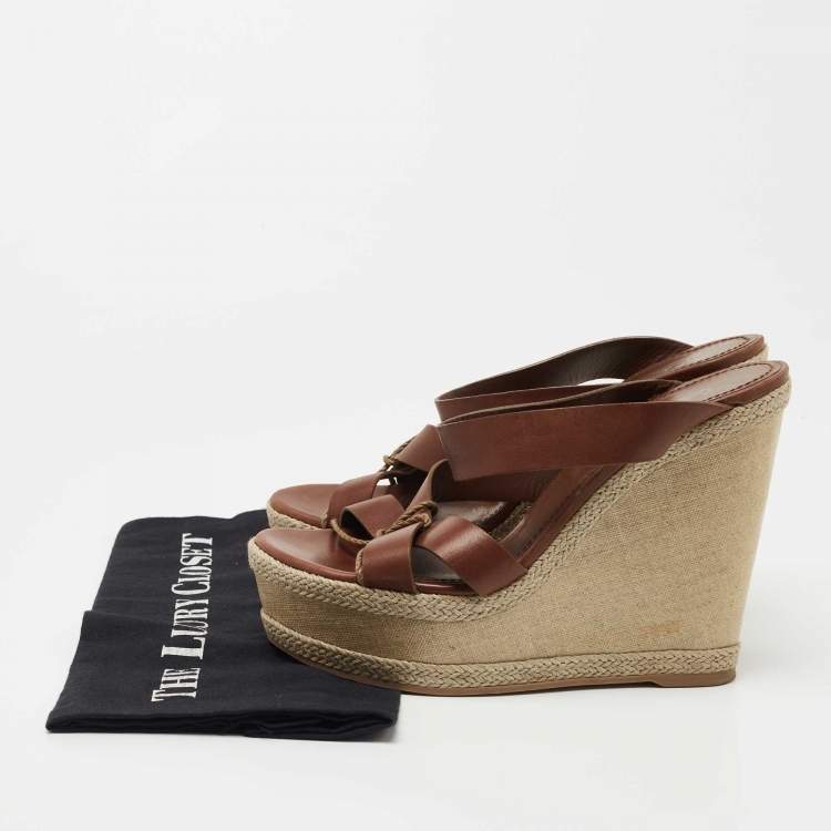 Pre Owned Yves Saint Laurent Brown Leather Platform Slide Wedge Sandals Size 39