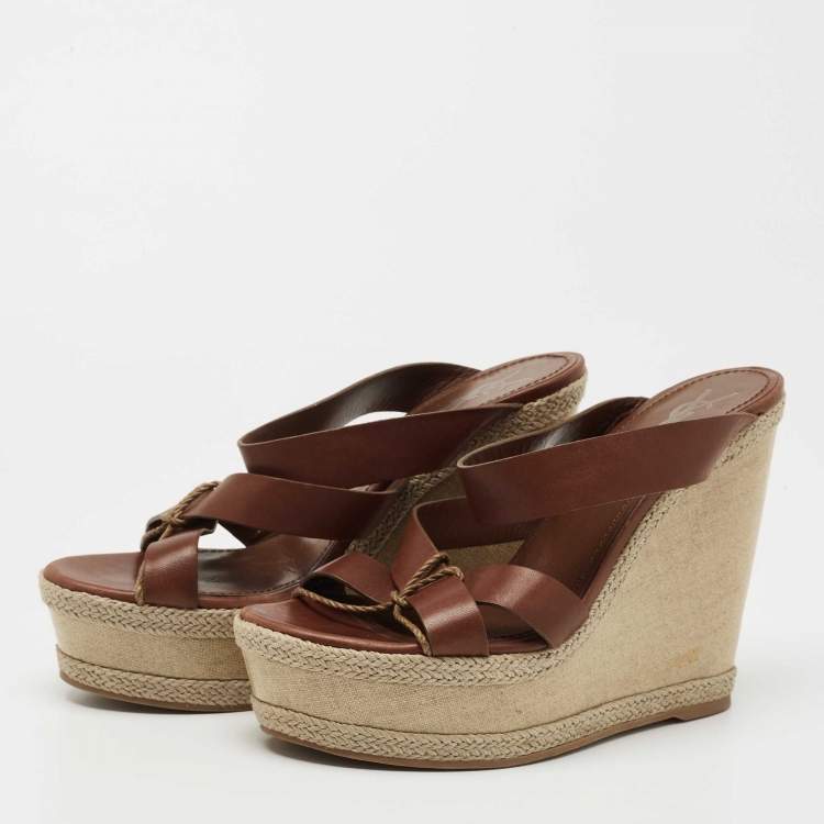 Pre Owned Yves Saint Laurent Brown Leather Platform Slide Wedge Sandals Size 39