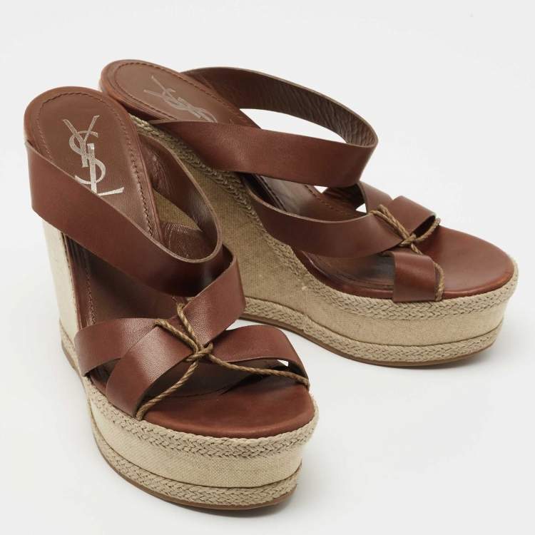 Pre Owned Yves Saint Laurent Brown Leather Platform Slide Wedge Sandals Size 39