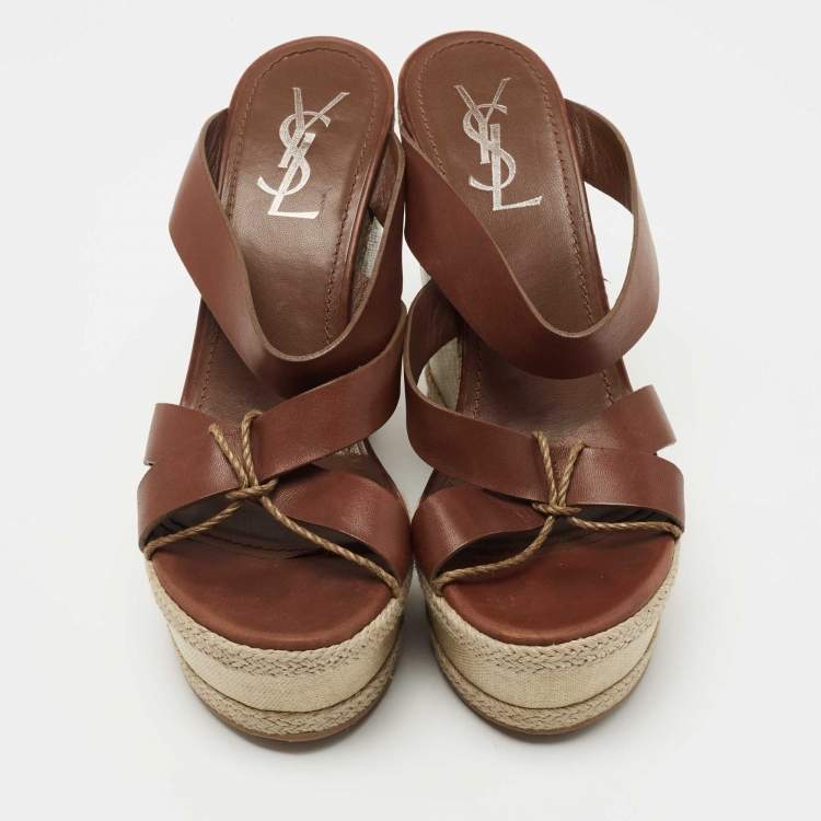 Pre Owned Yves Saint Laurent Brown Leather Platform Slide Wedge Sandals Size 39