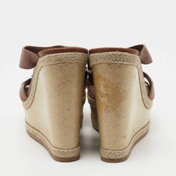 Pre Owned Yves Saint Laurent Brown Leather Platform Slide Wedge Sandals Size 39