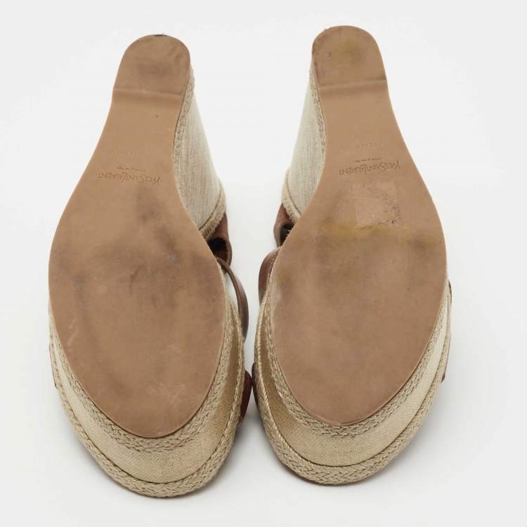Pre Owned Yves Saint Laurent Brown Leather Platform Slide Wedge Sandals Size 39