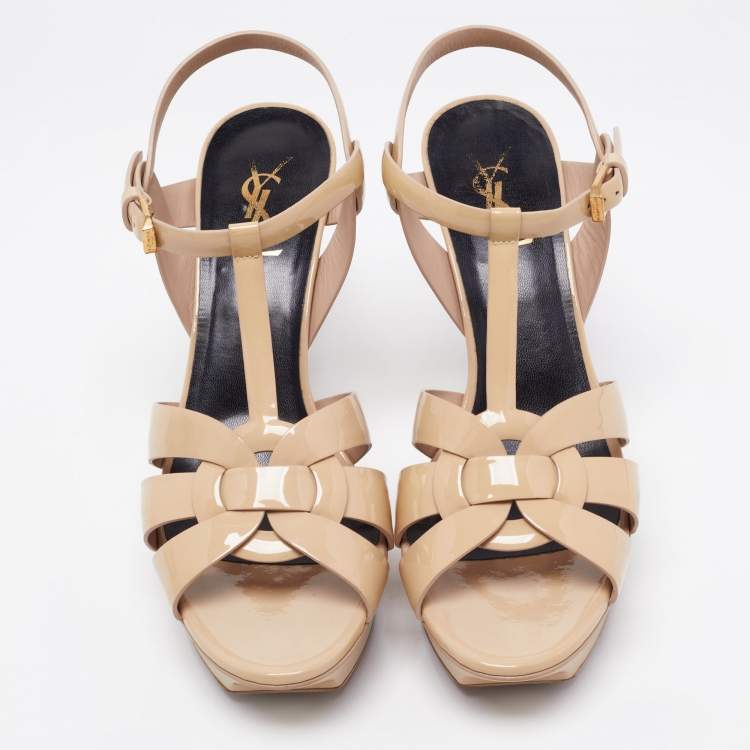 Pre Owned Yves Saint Laurent Beige Patent leather Tribute Sandals Size 39.5