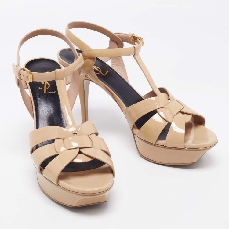 Pre Owned Yves Saint Laurent Beige Patent leather Tribute Sandals Size 39.5