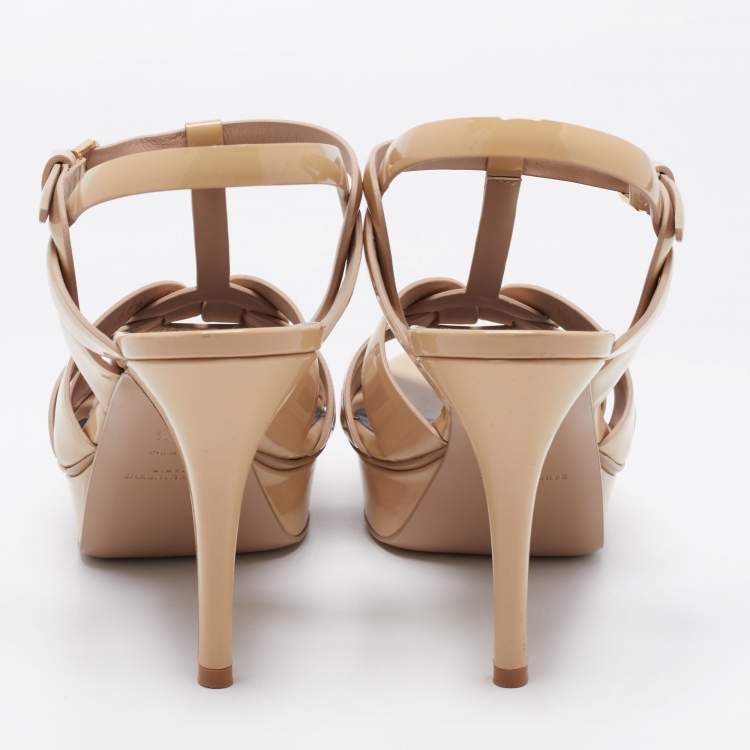 Pre Owned Yves Saint Laurent Beige Patent leather Tribute Sandals Size 39.5