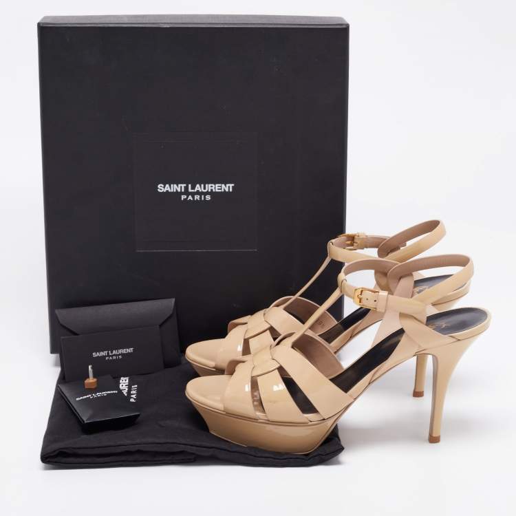 Pre Owned Yves Saint Laurent Beige Patent leather Tribute Sandals Size 39.5