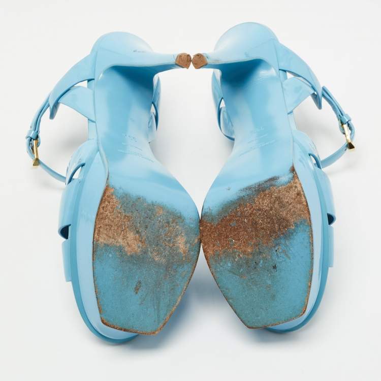 Pre Owned Yves Saint Laurent Blue  Patent Tribute Ankle Strap Sandals Size 39.5