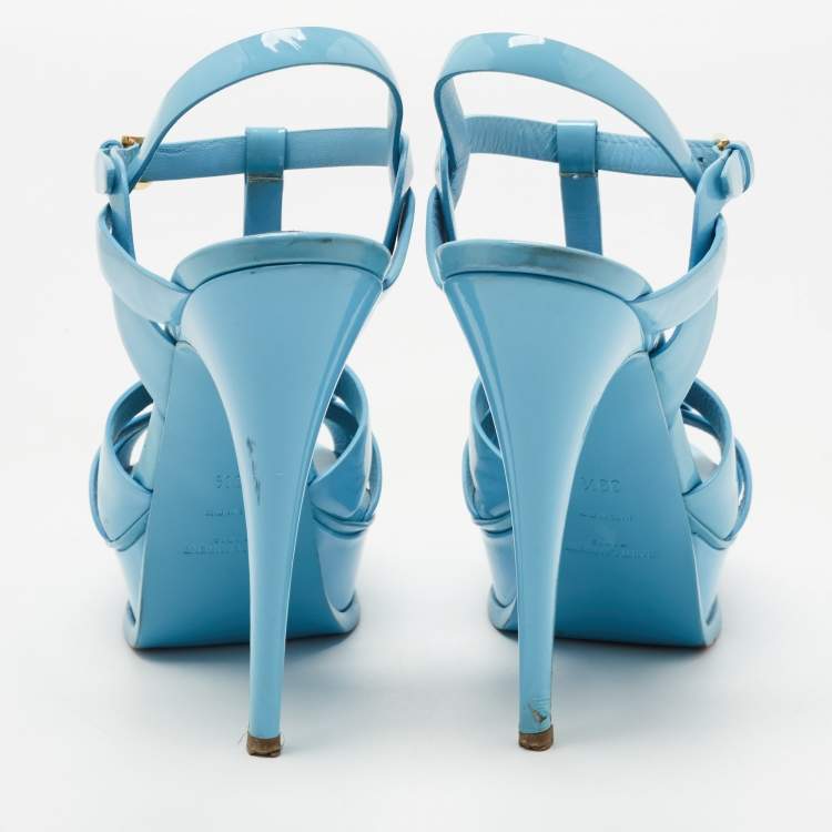 Pre Owned Yves Saint Laurent Blue  Patent Tribute Ankle Strap Sandals Size 39.5