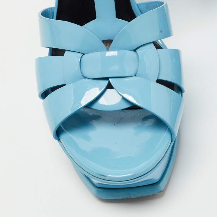 Pre Owned Yves Saint Laurent Blue  Patent Tribute Ankle Strap Sandals Size 39.5