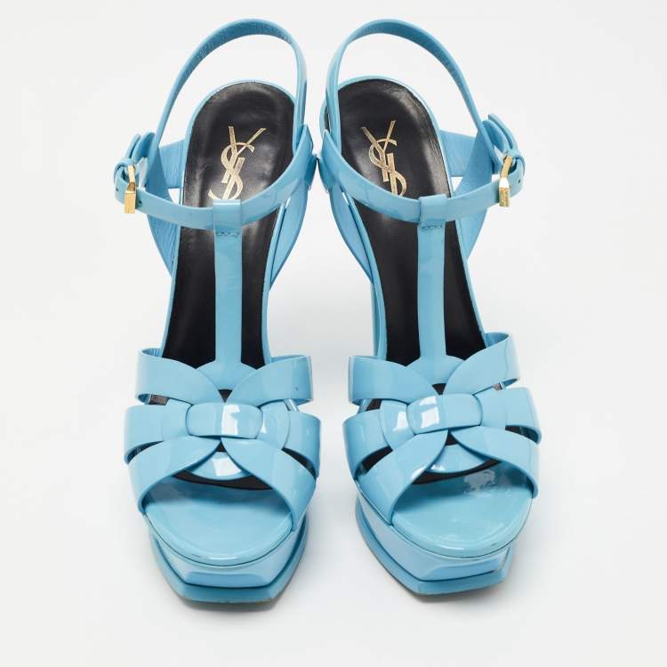 Pre Owned Yves Saint Laurent Blue  Patent Tribute Ankle Strap Sandals Size 39.5