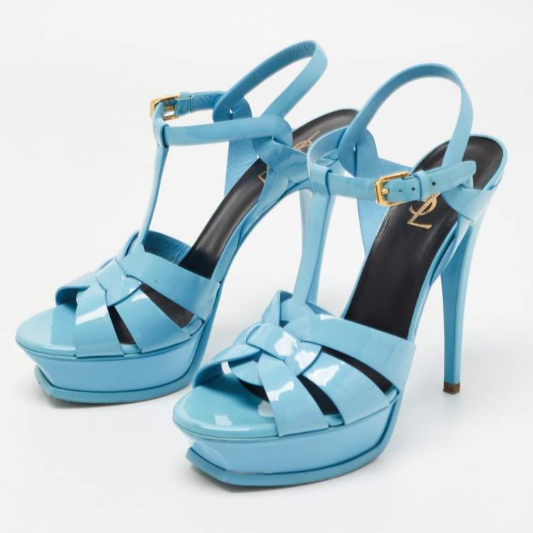 Pre Owned Yves Saint Laurent Blue  Patent Tribute Ankle Strap Sandals Size 39.5