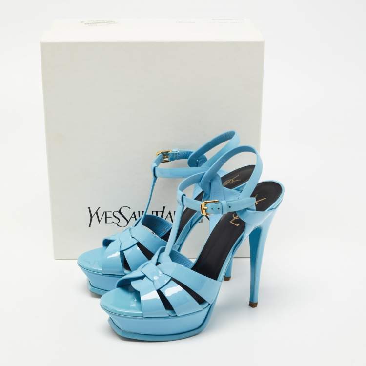 Pre Owned Yves Saint Laurent Blue  Patent Tribute Ankle Strap Sandals Size 39.5