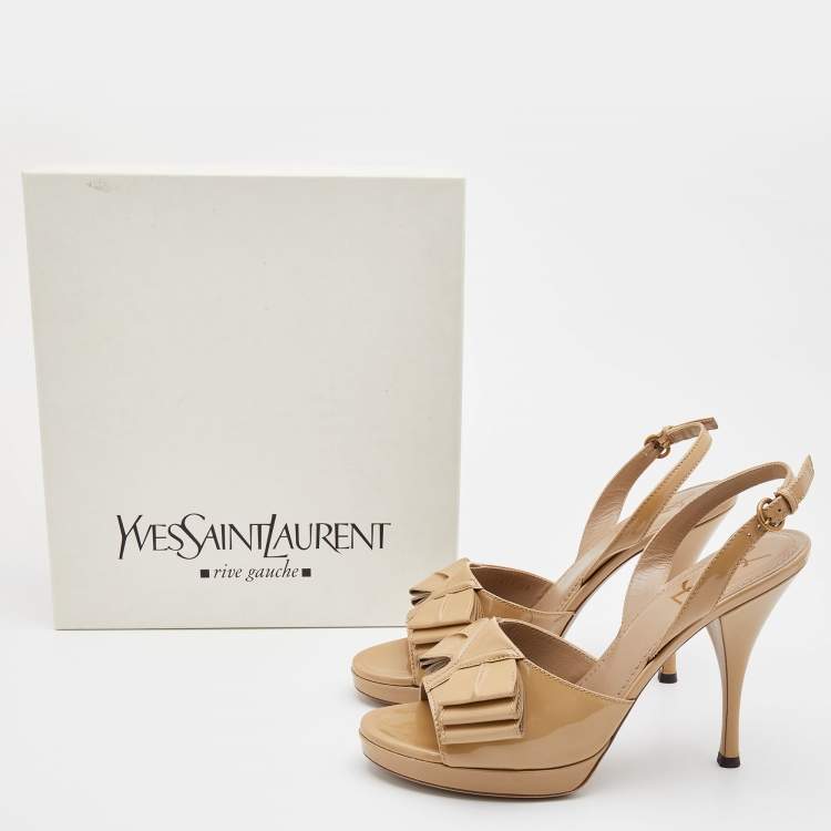 Pre Owned Yves Saint Laurent Beige Patent Leather Platform Slingback Sandals Size 39