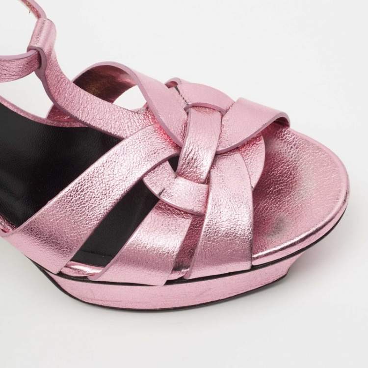 Pre Owned Yves Saint Laurent Metallic Pink Leather Tribute Sandals Size 37