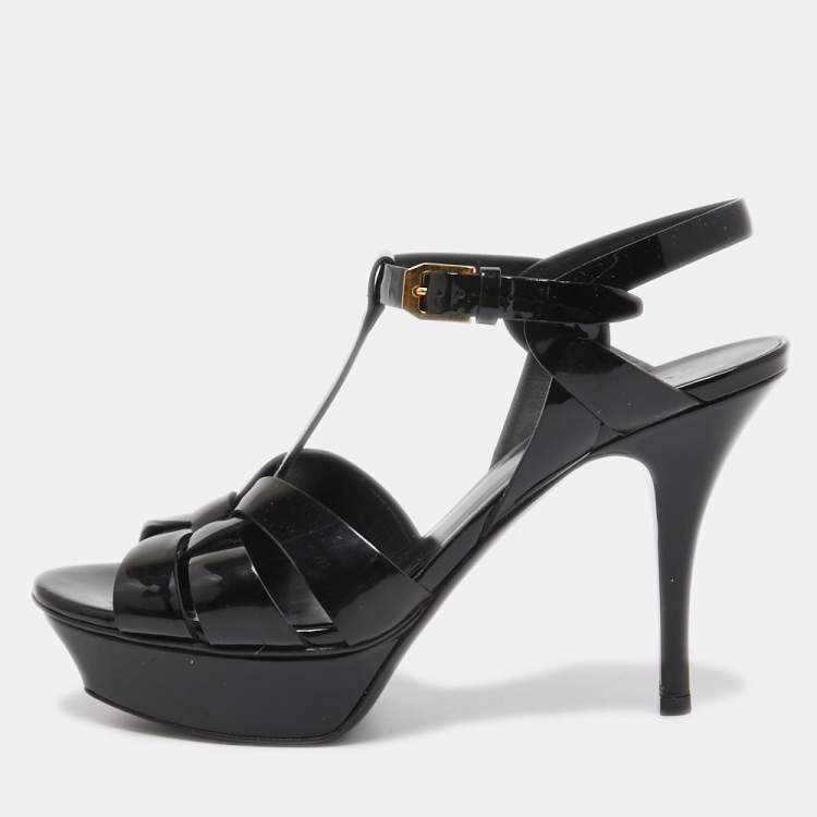 Pre Owned Yves Saint Laurent Black Patent Tribute Sandals Size 37