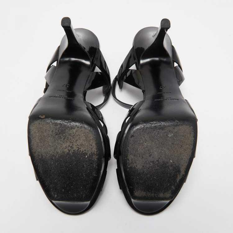 Pre Owned Yves Saint Laurent Black Patent Tribute Sandals Size 37