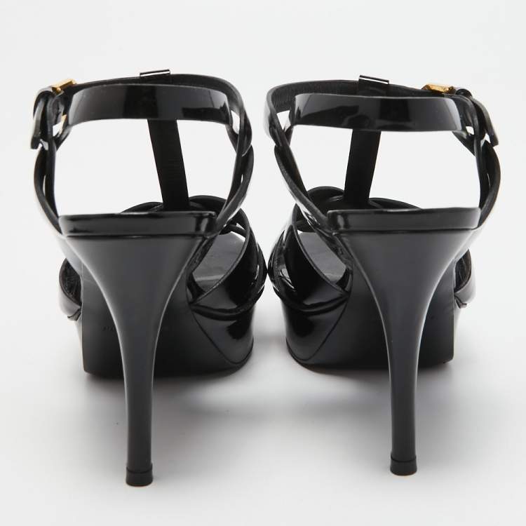 Pre Owned Yves Saint Laurent Black Patent Tribute Sandals Size 37
