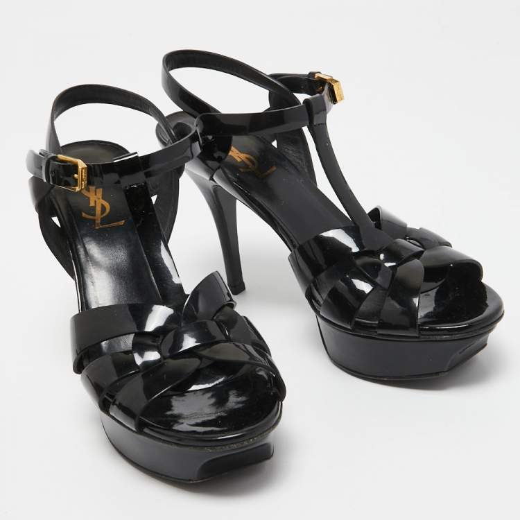 Pre Owned Yves Saint Laurent Black Patent Tribute Sandals Size 37