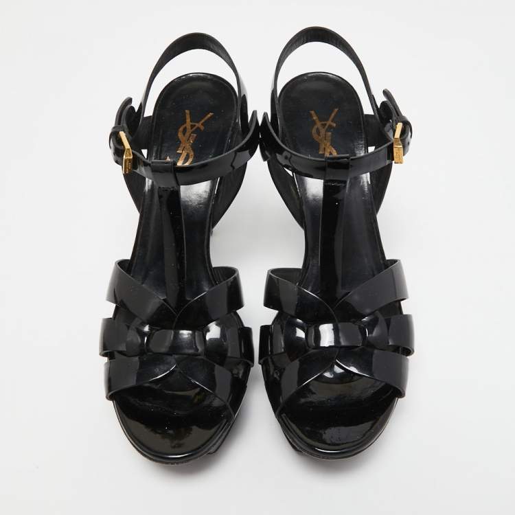 Pre Owned Yves Saint Laurent Black Patent Tribute Sandals Size 37