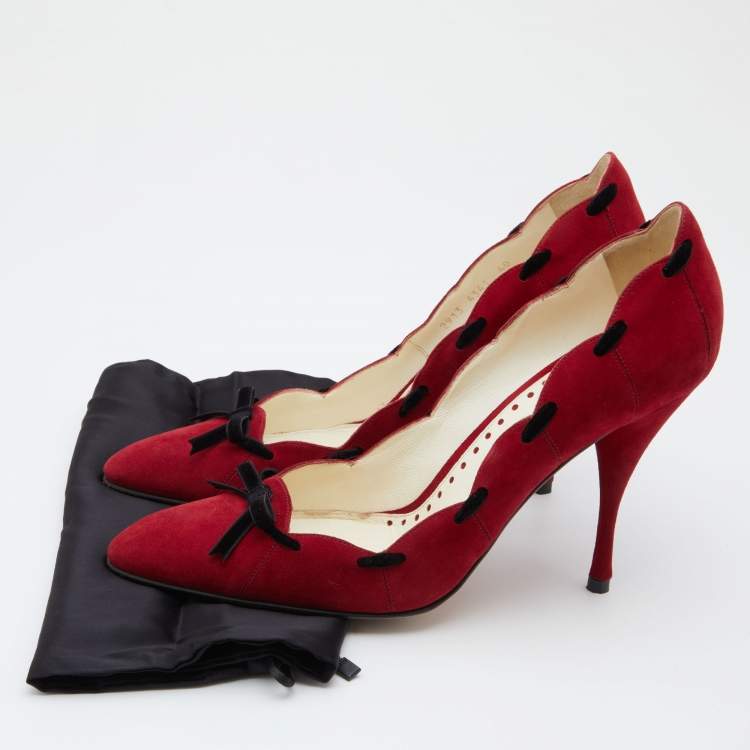 Pre Owned Yves Saint Laurent Red/Black Suede and Velvet Bow Pumps Size 40