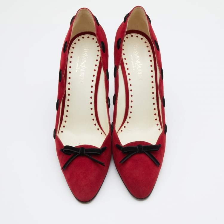 Pre Owned Yves Saint Laurent Red/Black Suede and Velvet Bow Pumps Size 40