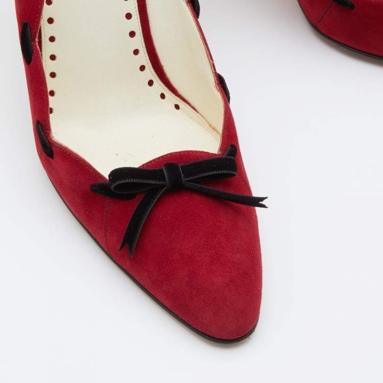 Pre Owned Yves Saint Laurent Red/Black Suede and Velvet Bow Pumps Size 40