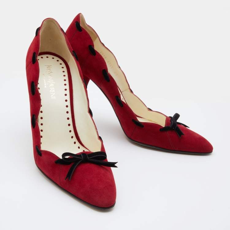 Pre Owned Yves Saint Laurent Red/Black Suede and Velvet Bow Pumps Size 40