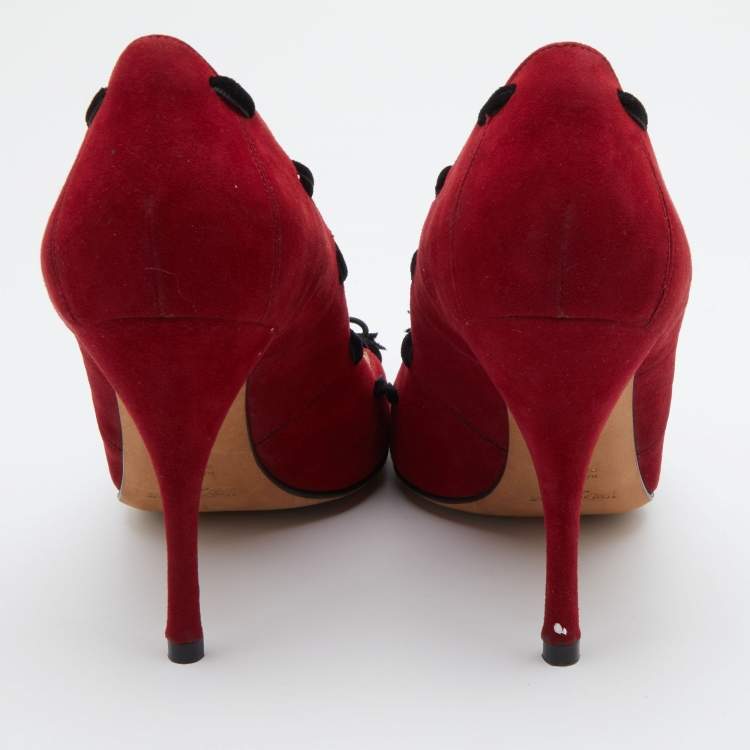 Pre Owned Yves Saint Laurent Red/Black Suede and Velvet Bow Pumps Size 40