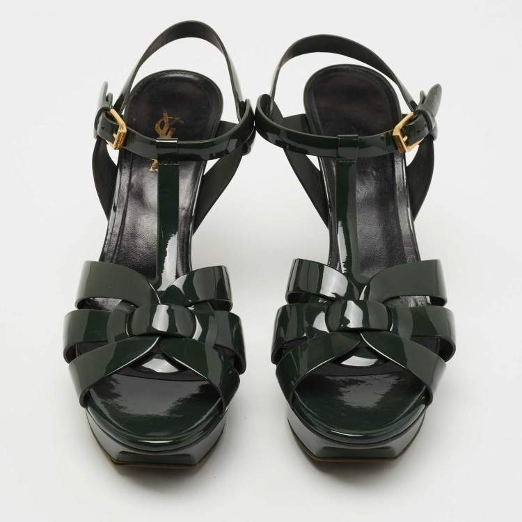 Pre Owned Saint Laurent Green Patent Leather Tribute Platform Sandals  Size 38.5