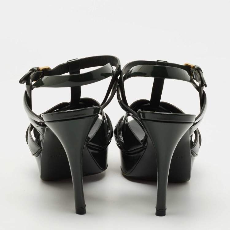 Pre Owned Saint Laurent Green Patent Leather Tribute Platform Sandals  Size 38.5
