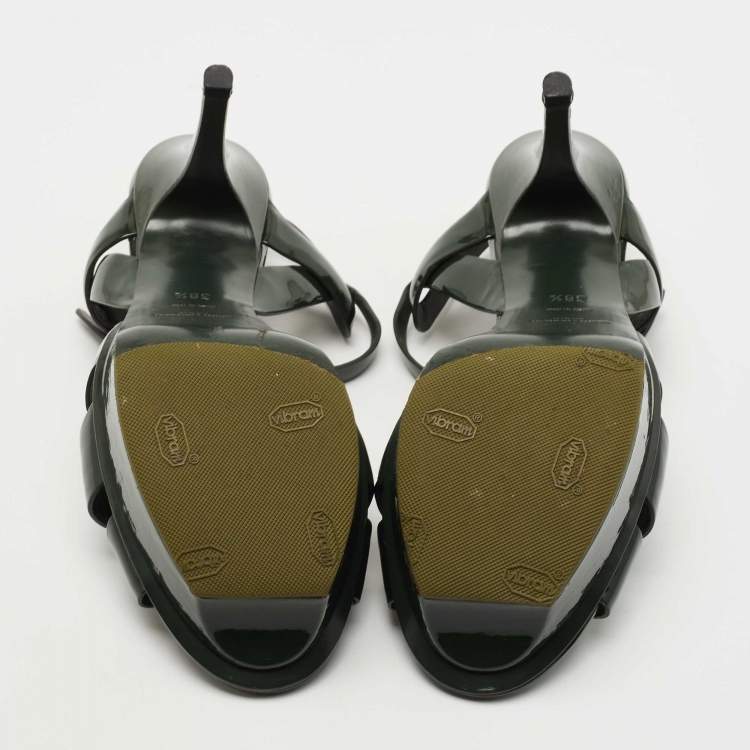 Pre Owned Saint Laurent Green Patent Leather Tribute Platform Sandals  Size 38.5