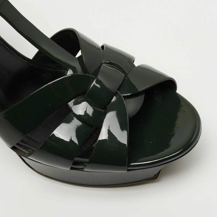 Pre Owned Saint Laurent Green Patent Leather Tribute Platform Sandals  Size 38.5