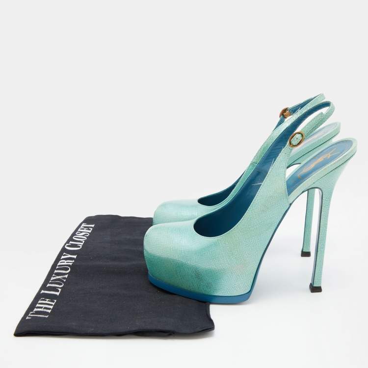 Pre Owned Yves Saint Laurent Green Patent Leather Tribtoo Platform Slingback Pumps Size 39