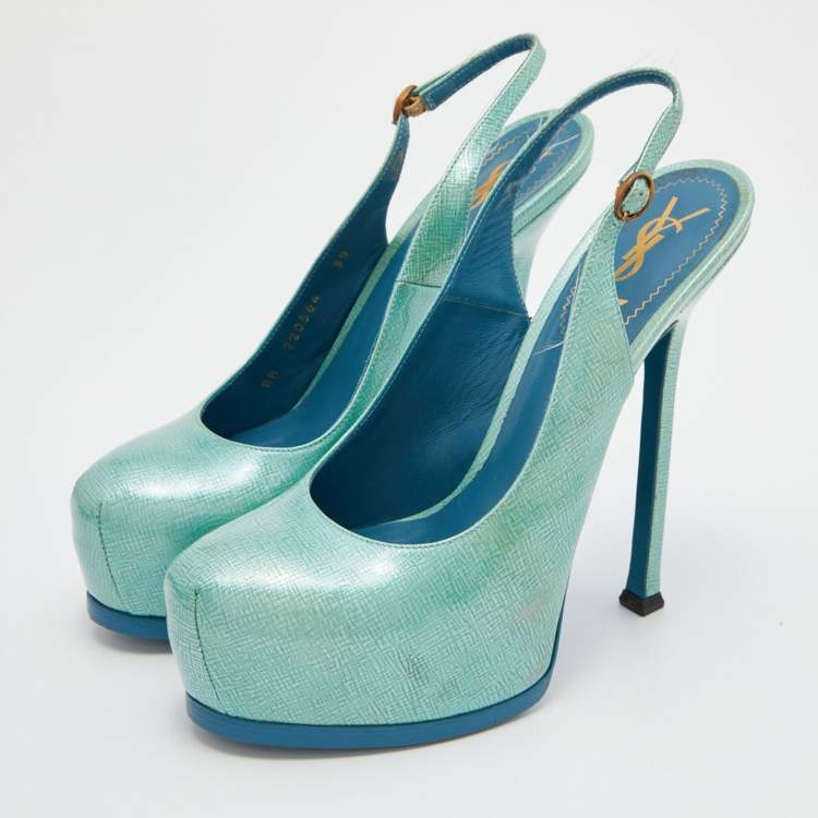 Pre Owned Yves Saint Laurent Green Patent Leather Tribtoo Platform Slingback Pumps Size 39