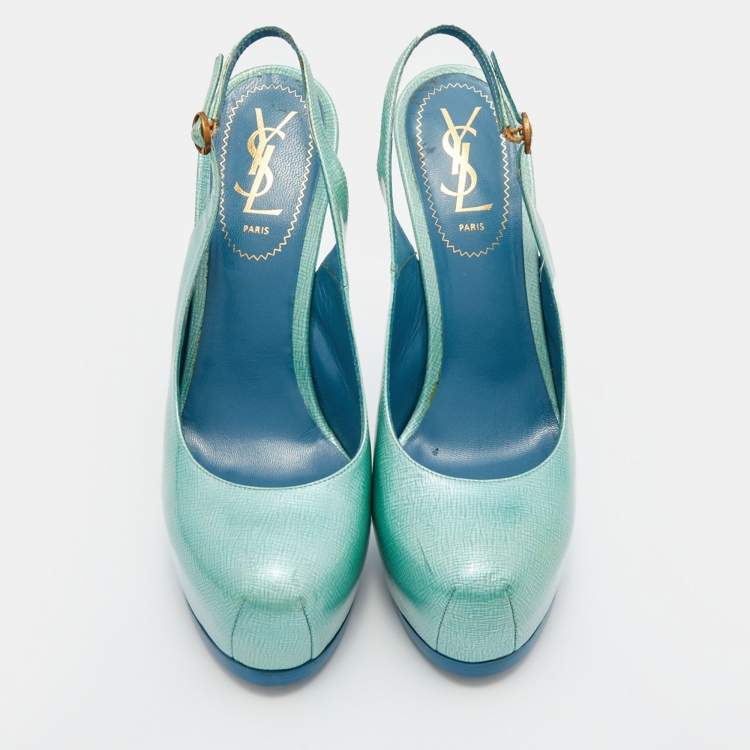 Pre Owned Yves Saint Laurent Green Patent Leather Tribtoo Platform Slingback Pumps Size 39