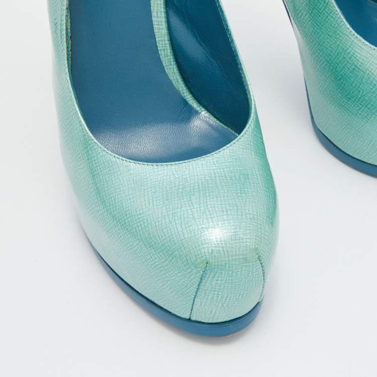 Pre Owned Yves Saint Laurent Green Patent Leather Tribtoo Platform Slingback Pumps Size 39