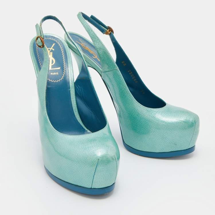 Pre Owned Yves Saint Laurent Green Patent Leather Tribtoo Platform Slingback Pumps Size 39