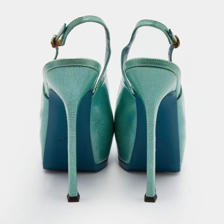 Pre Owned Yves Saint Laurent Green Patent Leather Tribtoo Platform Slingback Pumps Size 39