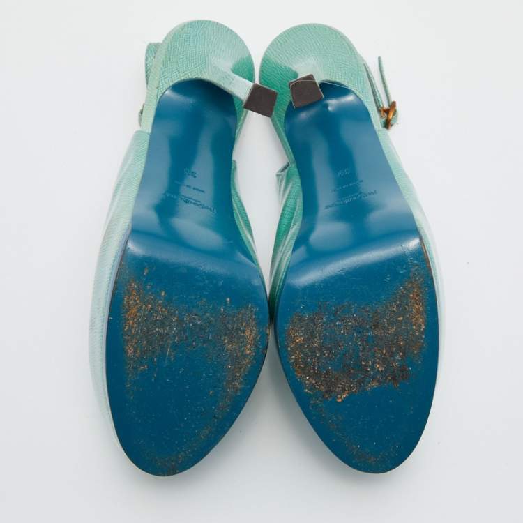Pre Owned Yves Saint Laurent Green Patent Leather Tribtoo Platform Slingback Pumps Size 39
