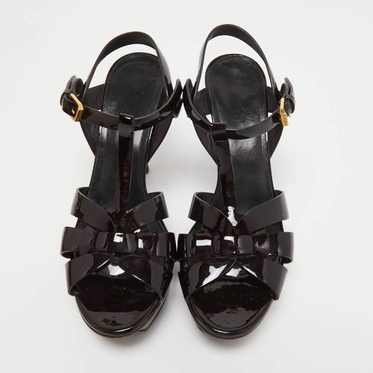 Pre Owned Saint Laurent Burgundy Patent Leather Tribute Platform Sandals Size 38