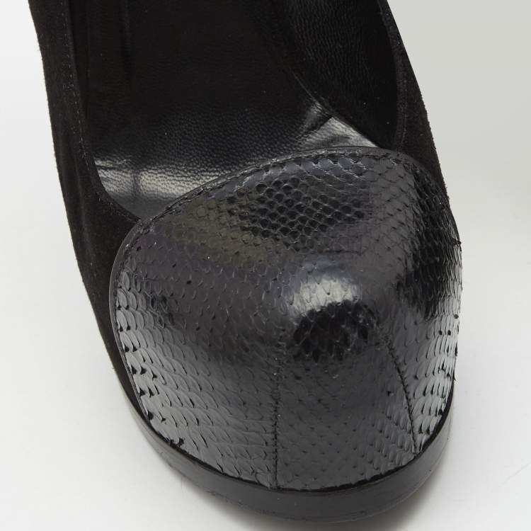 Pre Owned Yves Saint Laurent Black  Snakeskin and Suede Tribtoo Pumps Size 37.5