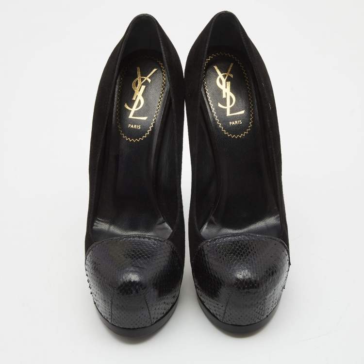 Pre Owned Yves Saint Laurent Black  Snakeskin and Suede Tribtoo Pumps Size 37.5