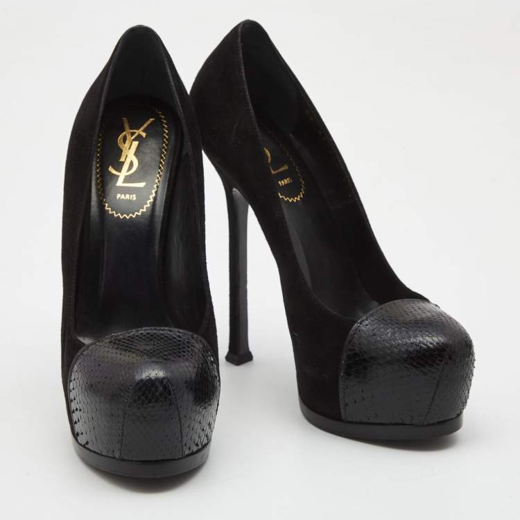 Pre Owned Yves Saint Laurent Black  Snakeskin and Suede Tribtoo Pumps Size 37.5